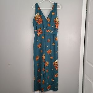 ⚠️DONATING SOON‼️ Floral Teal Gold Orange V-neck Tank Elastic Waist Jumpsuit